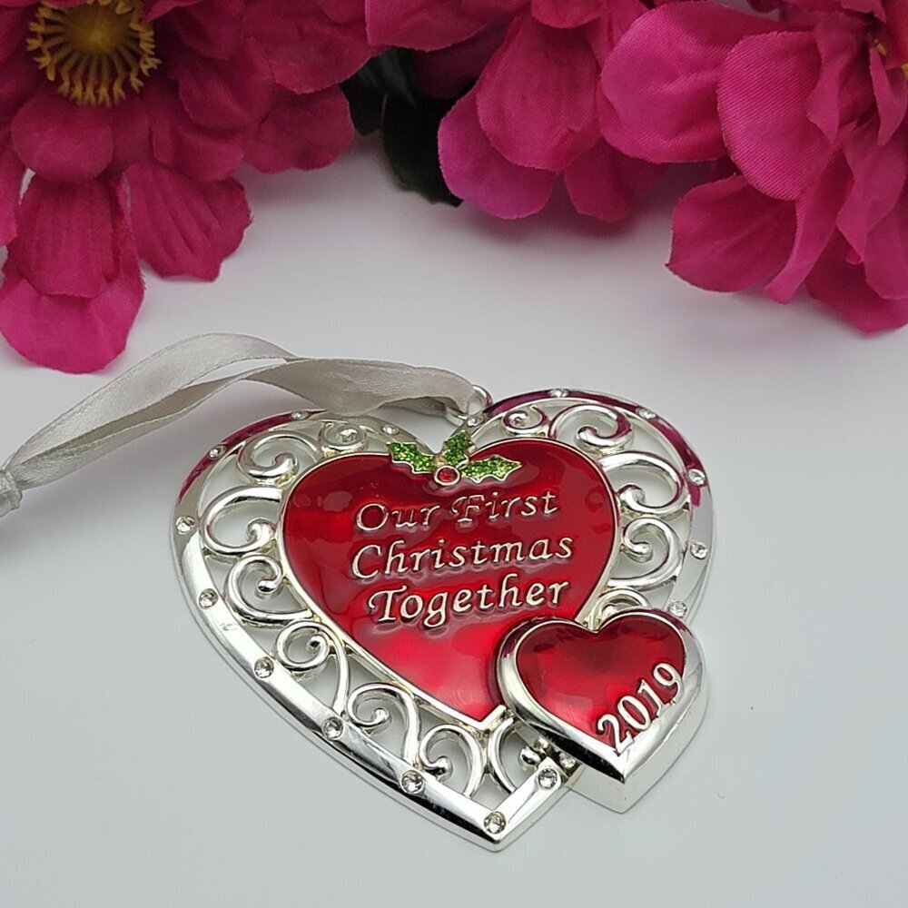 Harvey Lewis Our First Christmas Together 2019 Heart Ornament 3" Silver Tone Red